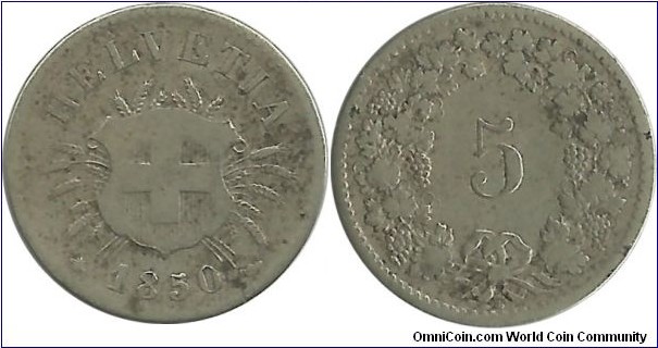 Switzerland 5 Rappen 1850BB (billon)