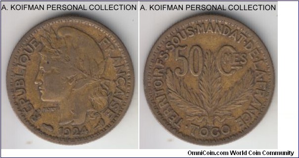 KM-1, 1924 French Togo 50 centimes, Paris mint; aluminum-bronze, reeded edge; circulated, first year of 3 year type.