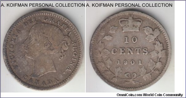 KM-3, 1901 Canada 10 cents; silver, reeded edge; last year of Victoria mintage, dark toned, very good to fine.