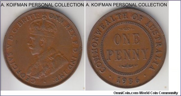 KM-23, 1936 Australia penny, Melbourne Mint (no mint mark); bronze, plain edge; last year of George V, good very fine.