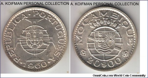 KM-Pr43, 1960 Portuguese Mozambique (Colony) 20 escudos; prova, silver, reeded edge; prova issue of the last year of the type and last silver mintage, good white uncirculated.