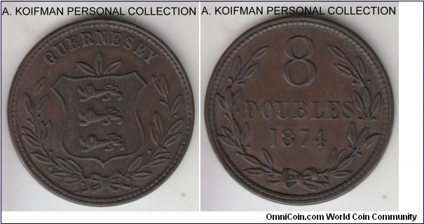 KM-7, 1874 Guernsey 8 doubles; bronze, plain edge; good very fine, smaller mintage of 70,000.