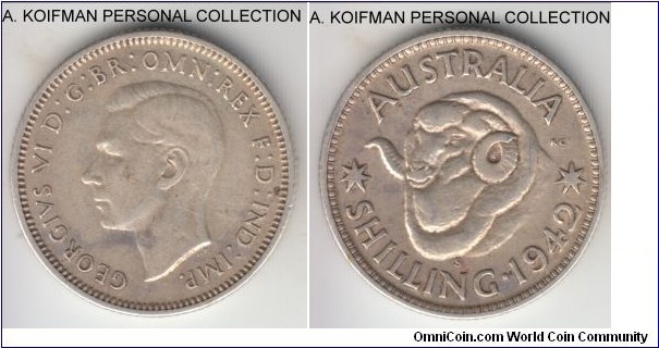 KM-39, 1942 Australia shilling, San Francisco mint (S mint mark); silver, reeded edge; very fine or about.