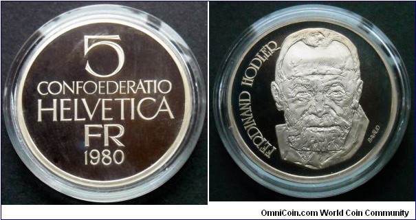 Switzerland 5 francs.
1980, Ferdinand Hodler 
(1853-1918) Cu-ni. Proof.