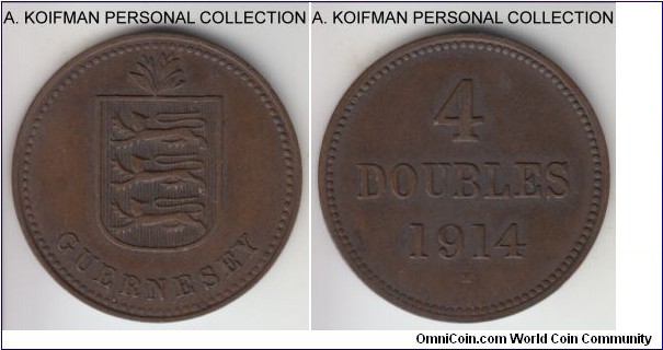 KM-13, 1914 Guernsey 4 doubles, Heaton mint (H mint mark); bronze, plain edge; good fine to about very fine.