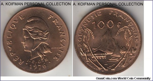 KM-14, 1976 French Polynesia 100 francs, Paris mint; nickel-bronze, reeded edge; first year of the type and most common, decent uncirculated, reddish in color.