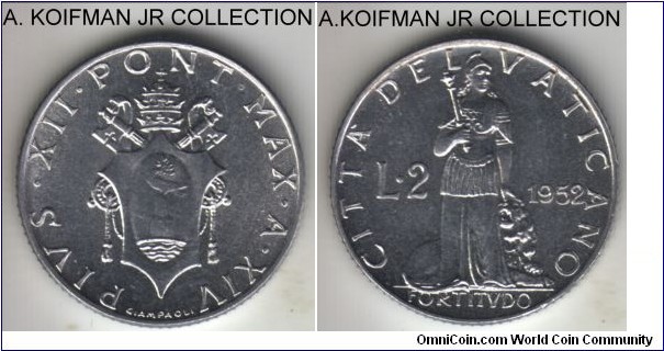 KM-50, 1952 Vatican 2 lire; aluminum, reeded edge; Pius XII year XIV, common but bright uncirculated as minted.