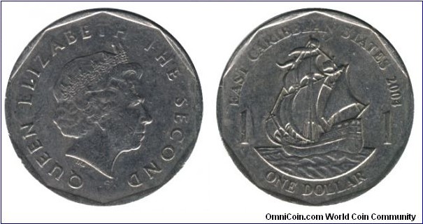East Caribbean States, 1 dollar, 2004, Cu-Ni, 26.5mm, 7.98g, Queen Elizabeth II, ship Golden Hind of Sir Francis Drake.