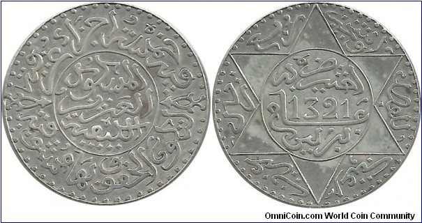 Morocco ¼ Rial (2,5 Dirhams) AH1321(1903-04)Pa