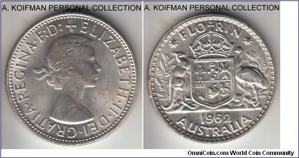 KM-60, 1962 Australia florin, Melbourne mint; silver, reeded edge; late Elizabeth II silver coinage, average uncirculated, few mark marks and a toning streak on obverse.