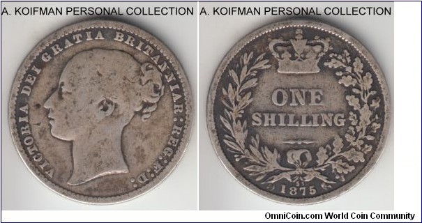 KM-734.2, 1875 Great Britain shilling; silver, reeded edge; Victoria young head, die #53, well worn.