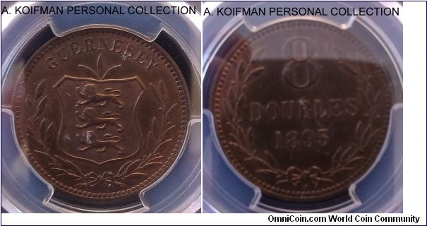 KM-7, 1893 Guernsey 8 doubles, Heaton mint (H mint mark); bronze, plain edge; small date variety, brown uncirculated, PCGS graded MS 63 BN.