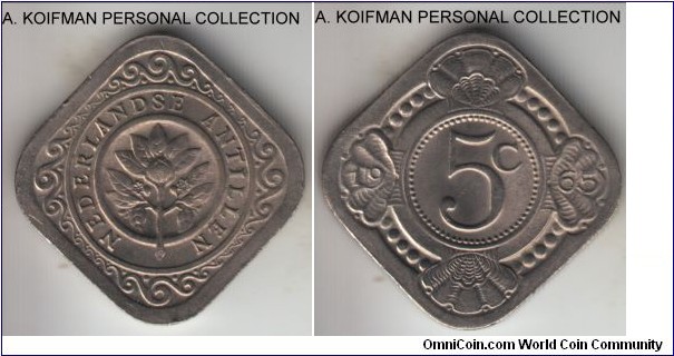KM-6, 1965 Netherlands Antilles 5 cents; copper-nickel, plain edge, square flan; choice lustrous uncirculated.
