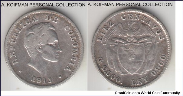 KM-196.1, 1911 Colombia diez (10) centavos; silver, reeded edge; first year of the type, fine to about very fine, cleaned.