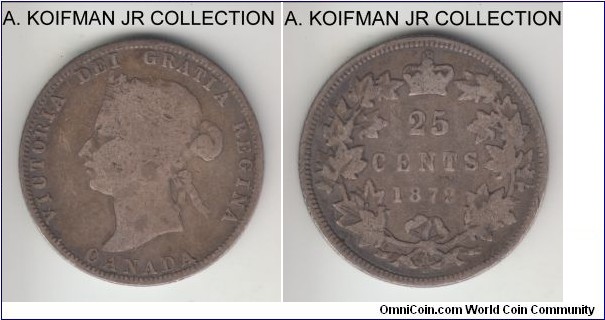 KM-5, 1872 Canada 25 cents, Heaton mint (H mint mark); silver, reeded edge; Victoria, worn, good or about.