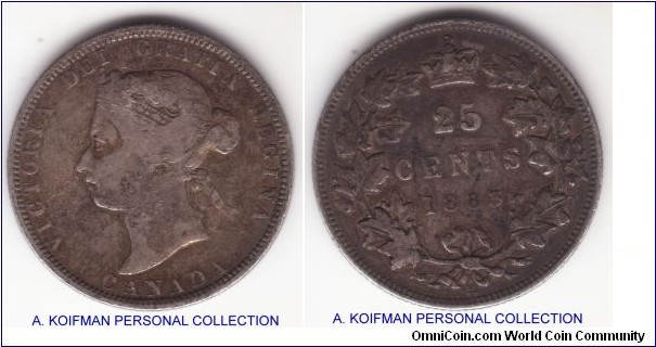 KM-5, 1883 Canada 25 cents, Heaton mint (H mint mark); silver, reeded edge; very good to fine, early Victoria silver.