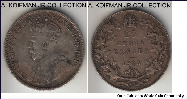 KM-24a, 1928 Canada 25 cents; silver, reeded edge; one of the more common George V years, naturally toned very fine or so grade, a tiny edge nick.