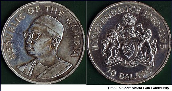 The Gambia 1975 10 Dalasis.

10 Years of Independence.