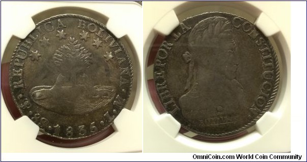 KM-97, Bolivia 1835 8 soles, Potosi mint (PTS mintmark in monogram), L.M. essayer; silver, reeded and lettered edge; large heavily toned crown sized coin, NGC graded VF 35 decent very fine.