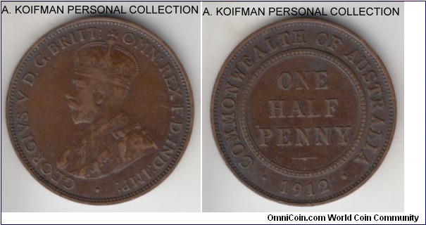 KM-22, 1912 Australia half penny, Heaton mint (H mint mark); bronze, plain edge; dark brown fine or almost.