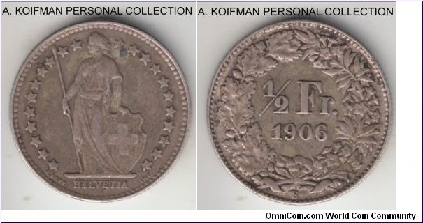 KM-23, 1906 Switzerland 1/2 franc, Bern mint (B mint mark); silver, reeded edge; more common year, decent very fine.