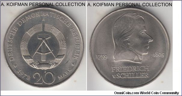KM-40, 1972 Germany (East) 20 mark, Berlin mint (A mint mark); copper-nickel, lettered edge; nice bright uncirculted, Friedrich von Schiller commemorative.
