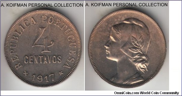 KM-566, 1917 Portugal 4 centavos; copper-nickel, plain edge; two year type, commonly available, better grade, good extra fine details, several spots, possibly cleaned.