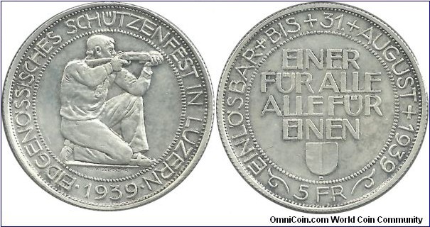 Switzerland 5 Francs 1939 - Federal Shooting Festival in Luzern