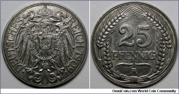 German Empire, 1909-A 25 Pfennig, KM#18.