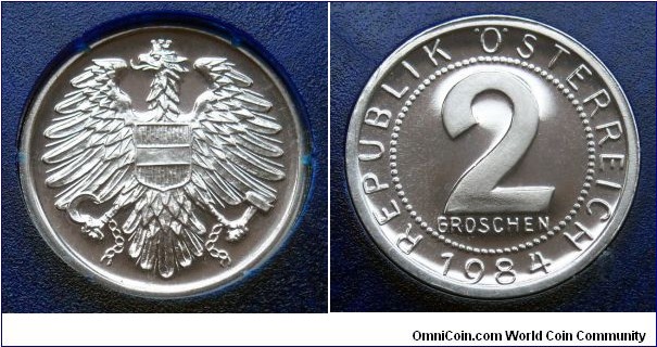 Austria 2 groschen from 1984 proof mint set. Mintage: 65.000 pieces.