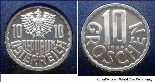 Austria 10 groschen from 1984 proof mint set. Mintage: 65.000 pieces.