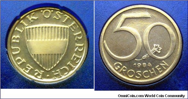 Austria 50 groschen from 1984 proof mint set. Mintage: 65.000 pieces.