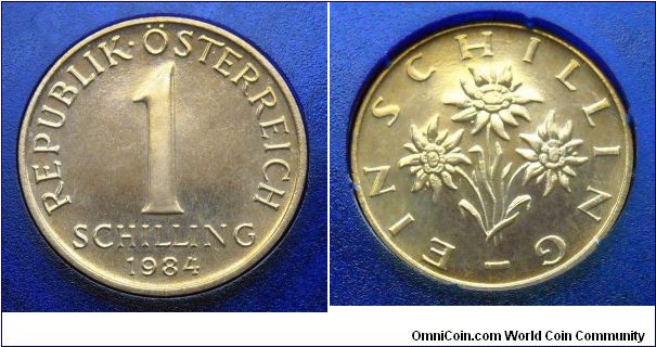 Austria 1 schilling from 1984 proof mint set. Mintage: 65.000 pieces.