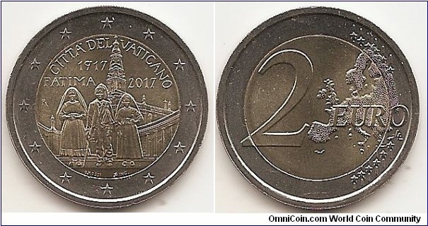 2 Euro KM#NEW 8.5000 g., Bi-Metallic Nickel-Brass center in Copper-Nickel ring, 25.75 mm. Subject : Centenary of the Fatima apparitions  Obv: The design features the three young shepherds to whom Mary appeared, on the background the Sanctuary of Fatima. At the top is the inscription ‘CITTÀ DEL VATICANO’ in semi-circle and right under is the year ‘1917’. Underneath the year, from left to right, is the inscription ‘FATIMA 2017’. At the left side is the mintmark ‘R’ and at the bottom the name of the designer ‘O.ROSSI’. The coin’s outer ring bears the 12 stars of the European Union. Rev: 2 on the left-hand side, six straight lines run vertically between the lower and upper right-hand side of the face, 12 stars are superimposed on these lines, one just before the two ends of each line, superimposed on the mid - and upper section of these lines; the European continent ( extended ) is represented on the right-hand side of the face; the right-hand part of the representation is superimposed on the mid-section of the lines; the word ‘EURO’ is superimposed horizontally across the middle of the right-hand side of the face. Under the ‘O’ of EURO, the initials ‘LL’ of the engraver appear near the right-hand edge of the coin. Edge: Reeded with 2 *, repeated six times, alternately upright and inverted. Obv. designer: Orietta Rossi Rev. designer: Luc Luycx