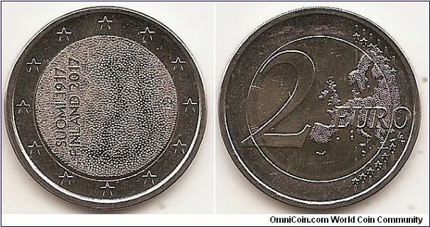 2 Euro KM#NEW 8.5000 g., Bi-Metallic Nickel-Brass center in Copper-Nickel ring, 25.75 mm. Subject : Independent Finland 100 years Obv: : The inner part of the coin has a mosaic design, with the more sparsely set pieces on the right forming a cartographic likeness of Finland. The text ‘SUOMI FINLAND’, the year of independence ‘1917’ and the year of issuance ‘2017’ are placed vertically one below another at the left. In the middle right is the indication of the issuing country ‘FI’ and the mint mark. The coin’s outer ring bears the 12 stars of the European Union. Rev: 2 on the left-hand side, six straight lines run vertically between the lower and upper right-hand side of the face, 12 stars are superimposed on these lines, one just before the two ends of each line, superimposed on the mid - and upper section of these lines; the European continent ( extended ) is represented on the right-hand side of the face; the right-hand part of the representation is superimposed on the mid-section of the lines; the word ‘EURO’ is superimposed horizontally across the middle of the right-hand side of the face. Under the ‘O’ of EURO, the initials ‘LL’ of the engraver appear near the right-hand edge of the coin. Edge: SUOMI FINLAND, followed by three lion heads, fine milled. Obv. designer: Simon Örnberg Rev. designer: Luc Luycx