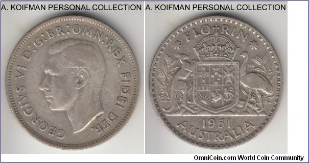 KM-48, 1951 Australia florin, Melbourne mint (no mint mark); silver, reeded edge; short two year type, average circulated.