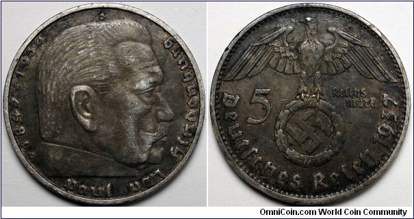 Germany, 1937-D 5 Reichsmark, KM#94.