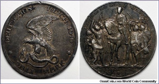 Germany-Prussia, 1913-A 3 Mark, 100th Anniversary of the Prussians entering the war against Napoleon, KM#534.