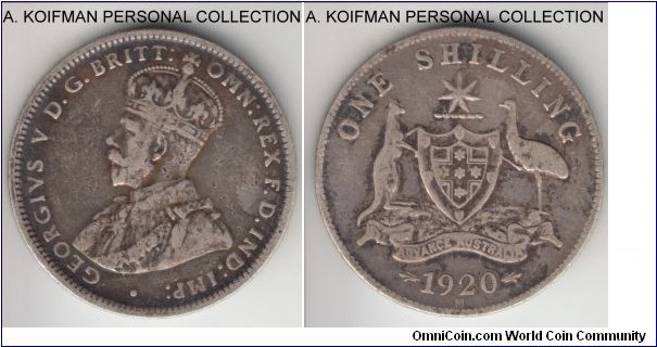 KM-26, 1920 Australia shilling, Melbourne mint (M mint mark); silver, reeded edge; scarcer, smaller mintage year,  circulated but good fine.
