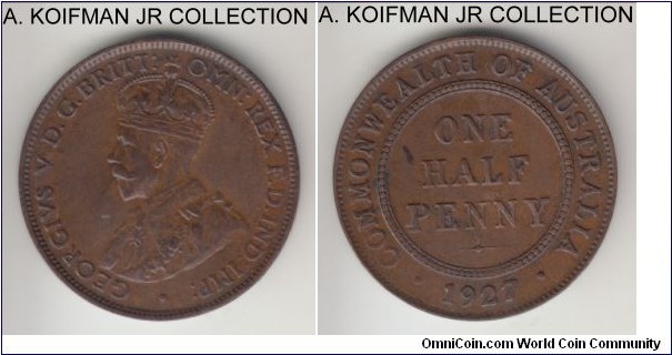 KM-22, 1927 Australia half penny, Melbourne mint (no mint mark); bronze, plain edge; George V, chocolate brown extra fine or about.