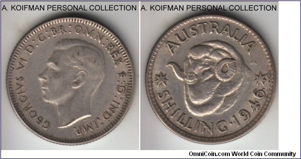 KM-39a, 1946 Australia shilling, Melbourne mint (no dot); silver, reeded edge; more common variety, first post WWII issue, good very fine, strong rims.