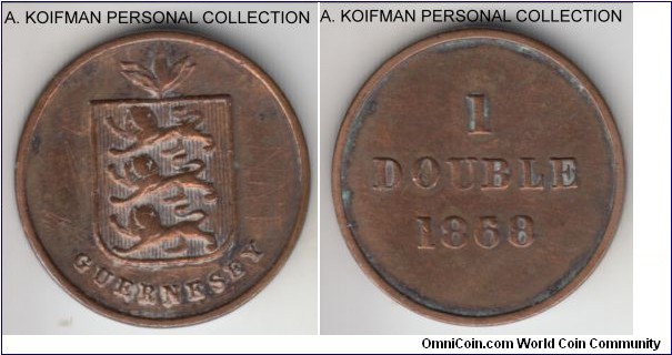 KM-10, 1868 Guernsey double; bronze, plain edge; scarcer year, unknown mintage, very fine details or about, past cleaning and dirty.