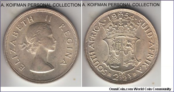 KM-51, 1954 South Africa (Dominion) 2 1/2 shilling; silver, reeded edge; Elizabeth II issue, nice bright average uncirculated.