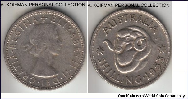 KM-53, 1953 Australia shilling, Melbourne mint (no mint mark); silver, reeded edge; first year of Elizabeth II mintage and a 2-year type, average circulated.