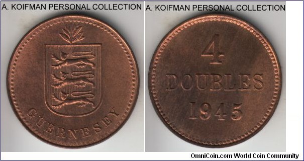 KM-13, 1945 Guernsey 4 doubles, Heaton mint (H mint mark); bronze, plain edge; first post WWII Liberation issue, limited mintage of 96,000 but it is commonly available and in high grades, this one is blazing red uncirculated with a couple of brown streaks.