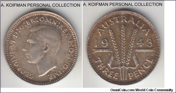 KM-37, 1943 Australia 3 pence, Denver mint (D mint mark); silver, plain edge; very fine or better, nice toning.