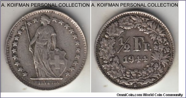 KM-23, 1944 Switzerland 1/2 franc, Berne mint (B mint mark); silver, reeded edge; average circulated very fine or so.