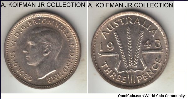 KM-37, 1943 Australia 3 pence, Melbourne mint (no mint mark); silver, plain edge; George VI, common war time issue, about uncirculated.