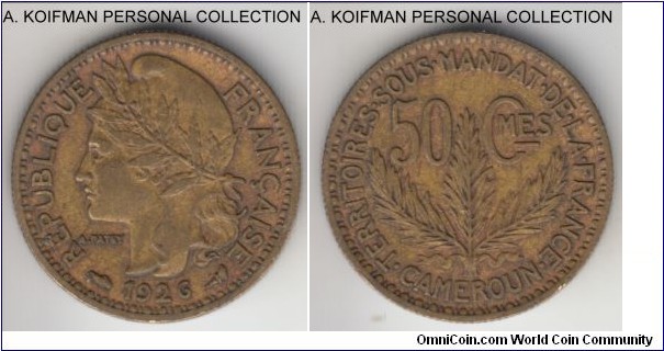 KM-1, 1926 Cameroon 50 centimes; aluminum-bronze, reeded edge; decent circulaton condition, good very fine to extra fine details.