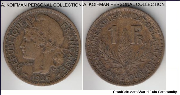 KM-2, 1925 Cameroon franc; aluminum-bronze, reeded edge; decent circulaton condition, good very fine to extra fine details.